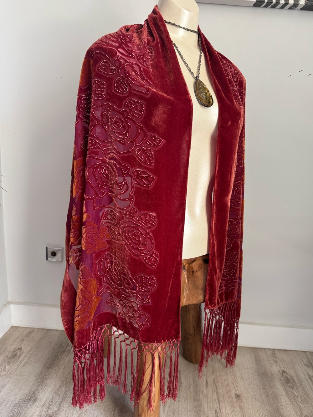 Vintage Rust Red Burnt Orange Boho Rose Velvet Burnout Fringe Long Shawl Scarf
